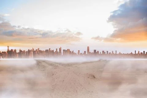 Sandy path leading to large urban city Stock Illustration