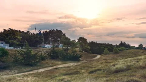 Sandy path in the middle of the dunes with a windmill in the background in No Stock Photos