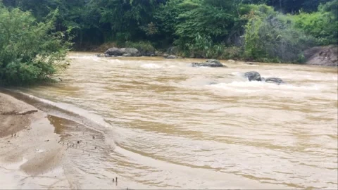 Sandy Riverbank and Fast Flowing Water Current in Nature Stock Footage 342952793
