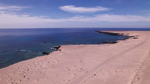 Sandy road and desert beach near Playa de Soledad in southern Fuerteventura Stock Footage 309852015