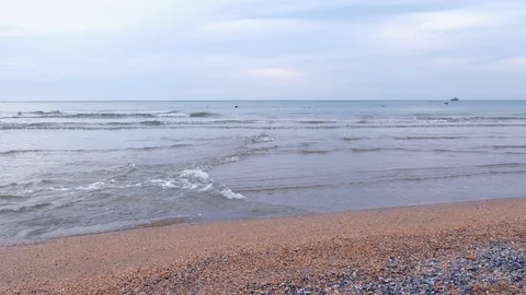 Sandy sea cost with small waves, birds and ships on distance in evening. Video stock 117899569