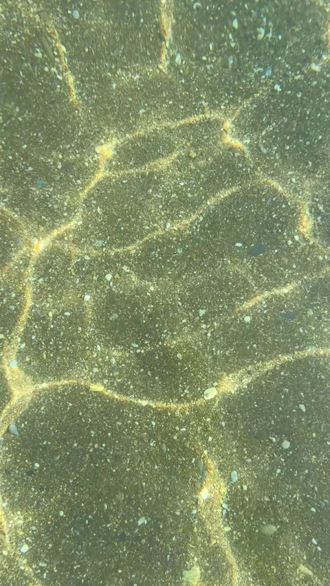 Sandy seabed with sunlight flickering on the bottom, shimmering through clear Stock Footage 321764931