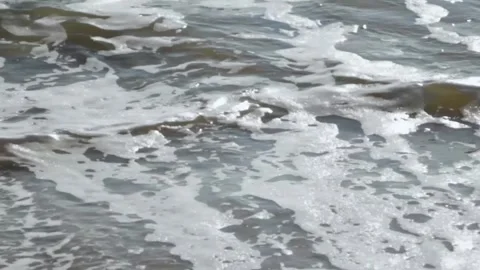 The sandy shore is covered with foamy waves. The sea water and the shore glisten Stock Footage 304878322