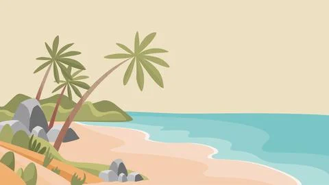 Sandy tropical beach vector flat illustration. Uninhabited desert island with Stock Illustration