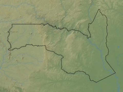 Sangha, Republic of Congo. Colored elevation map with lakes and rivers Stock Illustration