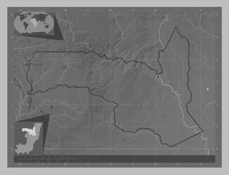 Sangha, Republic of Congo. Grayscale elevation map with lakes and rivers Stock Illustration