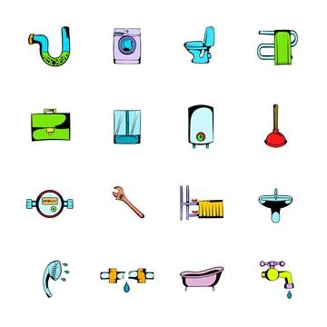 Sanitary engineering comics icons set cartoon Stock-Illustration