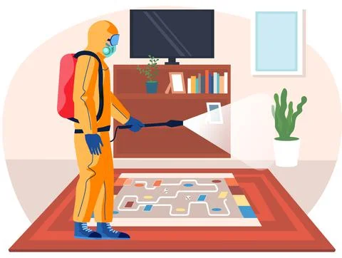Sanitary inspection worker cleans board game. Man in protective suit disinfects Illustrazione stock