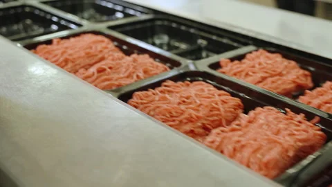Sanitary Operator Arranging Fresh Ground Meat in Black Tray Compartments Stock Footage 341711430