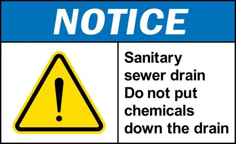 Sanitary sewer drain. Do not put chemicals down the drain notice sign. Stock Illustration