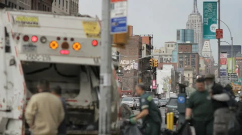 Sanitation Garbage Truck Workers in Manhattan New York City Empire State NYC Stock Footage 3291853