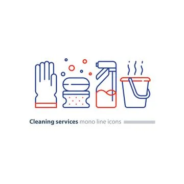Sanitation objects set, cleaning equipment items and services, line icons Illustrazione stock