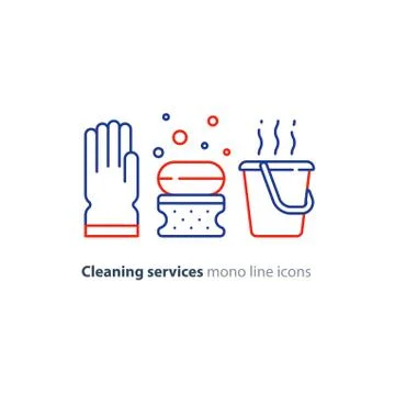 Sanitation objects set, cleaning equipment items and services, line icons Stock Illustration