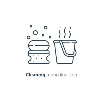 Sanitation objects set, cleaning equipment items and services, line icons Stock Illustration