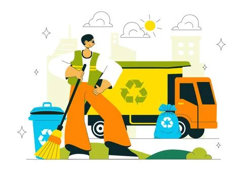 Sanitation Vector Illustration featuring People Cleaning Up Garbage and Dis.. Stock Illustration
