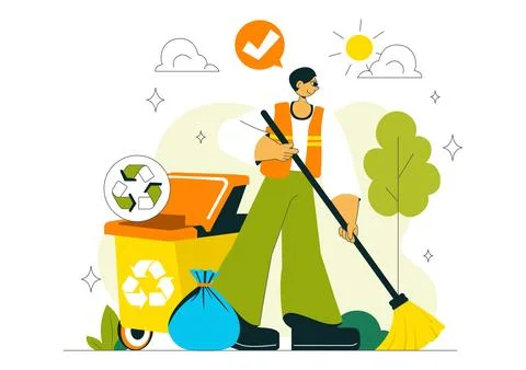 Sanitation Vector Illustration featuring People Cleaning Up Garbage and Dis.. Stock Illustration