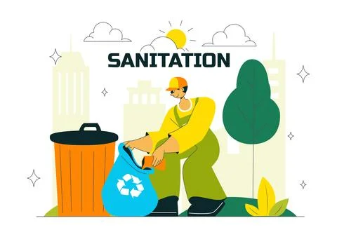 Sanitation Vector Illustration featuring People Cleaning Up Garbage and Dis.. Stock Illustration