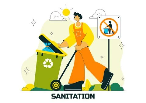 Sanitation Vector Illustration featuring People Cleaning Up Garbage and Dis.. Stock Illustration