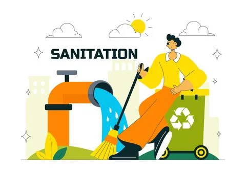 Sanitation Vector Illustration featuring People Cleaning Up Garbage and Dis.. Stock Illustration
