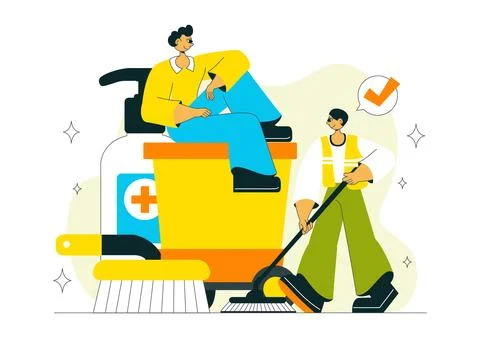 Sanitation Vector Illustration featuring People Cleaning Up Garbage and Dis.. Stock Illustration