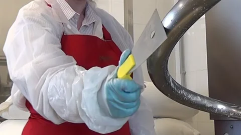 Sanitation Worker Using Scraper to Clean Metal Equipment Stock Footage 320138312