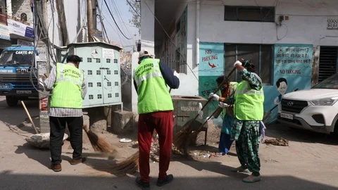 Sanitization of streets due to Coronavirus or Covid-19. Stock Footage 128122902