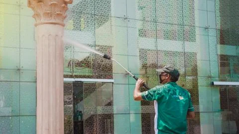 Sanitizing public places during lockdown amid coronavirus Stock Photos