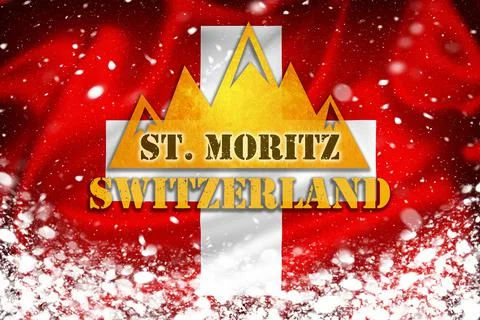 Sankt Moritz ski resort banner illustration on Swiss flag and snow layer, fam Stock Photos