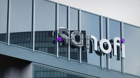 Sanofi Stock data presented on the logo of the office facade editorial Stock Photos