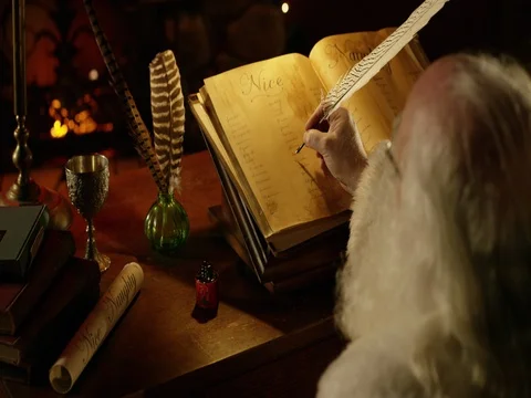 Santa adjusts Nice List with a feather quill in the North Pole at Christmas Stock Footage 81847257