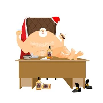 Santa after work relaxes. Claus rest. Drink and Cigar. Bottle of whiskey an.. Stock Illustration