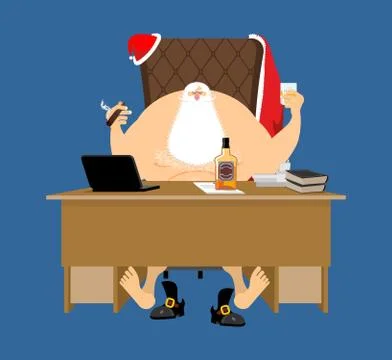Santa after work relaxes. Claus rest. Drink and Cigar. Bottle of whiskey an.. Stock Illustration
