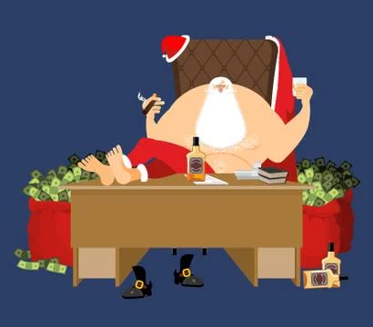 Santa after work relaxes. Rich Claus and red bag with money. Drink and Ciga.. Stock Illustration