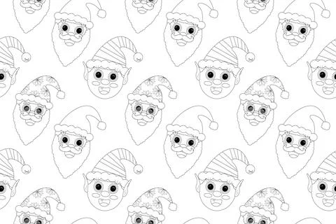 Santa and Elf Faces Christmas Coloring Pattern Stock Illustration