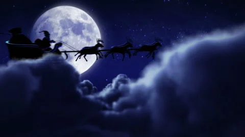 Santa and his reindeer flying over full moon. 2 videos in 1 file. Stock Footage