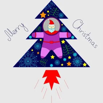 Santa astronaut is flying in a rocket tree with trees, stars and snowflakes Stock Illustration