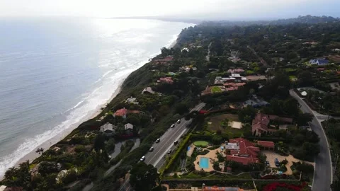 Santa Barbara, CA ocean front with mountains aerials blue sky Stock Footage 155557031