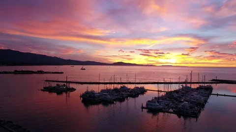 Santa Barbara Harbor during epic sunrise Stock Footage