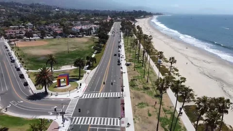 Santa Barbara State Beach over Cabrillo Street Stock Footage 154660120
