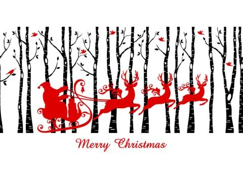 Santa in birch tree forest, vector Stock Illustration