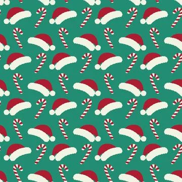 Santa caps and Candy Cane Seamless pattern in trendy New Year hues. Festive Stock Illustration