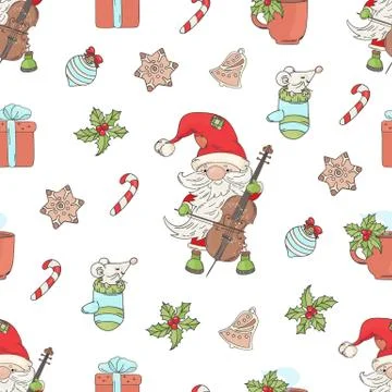 SANTA CELLO Christmas Seamless Pattern Vector Illustration Stock Illustration
