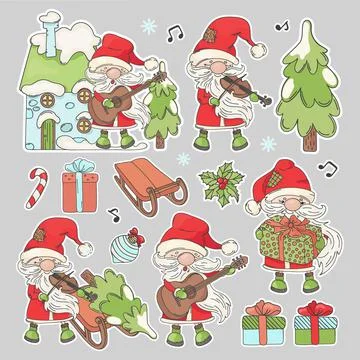 SANTA CHRISTMAS STICKERS Musical Vector Illustration Set Ilustración de archivo