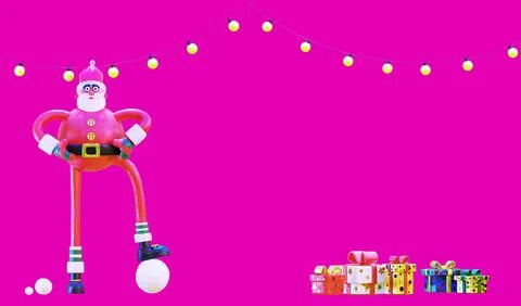 Santa Claus and gift boxes. Christmas lights in magenta background Stock Illustration