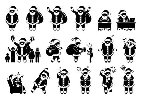 Santa Claus basic postures and feelings pictograms. Stick figure depict vario Illustrazione stock