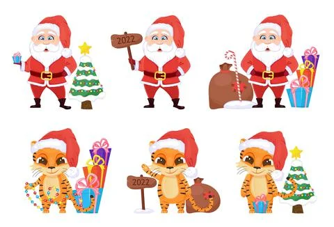 Santa Claus character vector set. Christmas and New Year illustration. Cartoo 스톡 일러스트