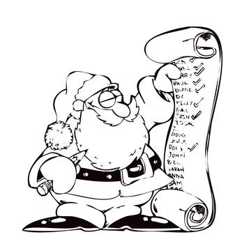 Santa Claus checking his gift list, black and white cartoon illustration Stock Illustration
