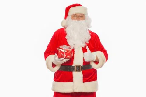 Santa Claus: Cheerful With Small Stack Of Gifts big bag, isolate Stock Photos