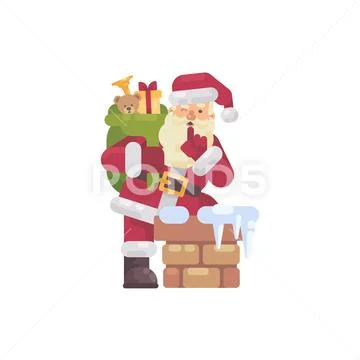 Santa Claus climbing into the chimney with a bag of presents. Christmas chara Stock Illustrationen