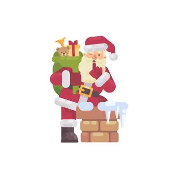 Santa Claus climbing into the chimney with a bag of presents. Christmas chara Stock Illustration